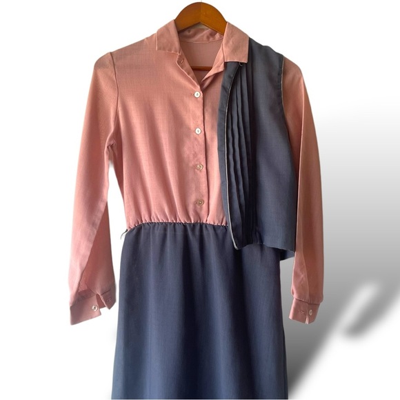 Vintage Pink & Blue Long Dress with Vest Set Women's M Retro Spring - Picture 4 of 5